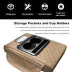 Car Center Console Armrest Pillow, Multifunctional Armrest Box Cover with Cup Phone Tissue Holder & Side Pockets, Waterproof Leather Middle Console Cushion for Most Vehicles (Beige, Embroidered)
