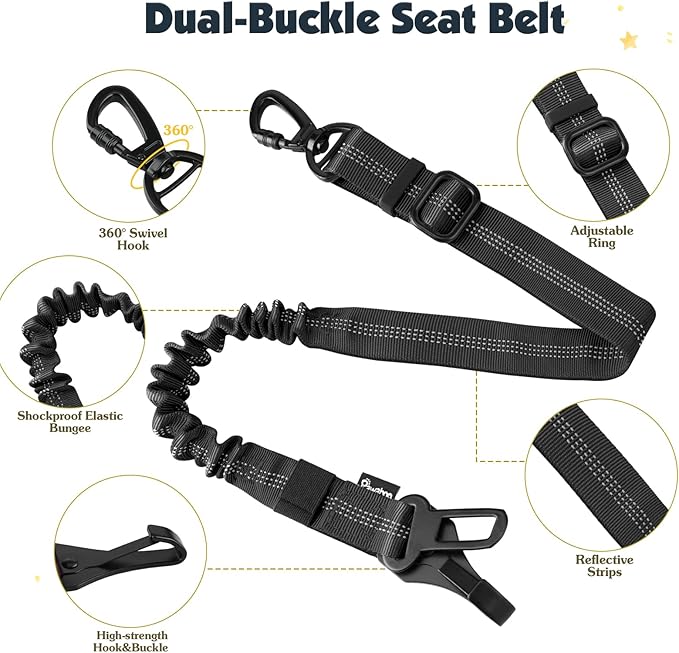 Pawaboo Dog Seat Belt Harness for Car, Dog Car Harness Seatbelt with Double Clips, Adjustable Breathable Pet Vest & Dogs Safety Tether with Elastic Bungee for Small Medium Large Pet, XXL, Black