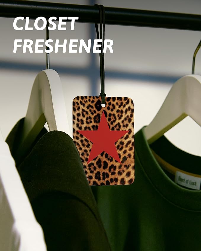 Trendy Red Leopard Print Car Air Freshener 4 Pcs, Funky Girly Cheetah Print Lucky 8 Ball Star Hanging Air Freshener for Cars Closet Drawer Books, Leopard Car Accessories Mirror Decor for Women