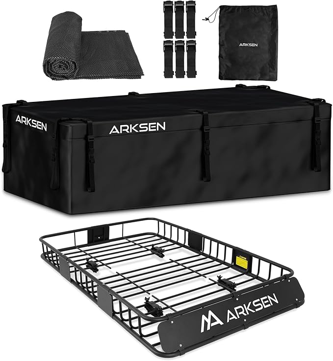ARKSEN 64" x 39" x 6" Roof Rack Basket with Extension & Waterproof Cargo Bag, 150 lb Heavy-Duty Steel Cargo Carrier, Fits Crossbars up to 1.38" Thick, for SUV & Pickup Truck