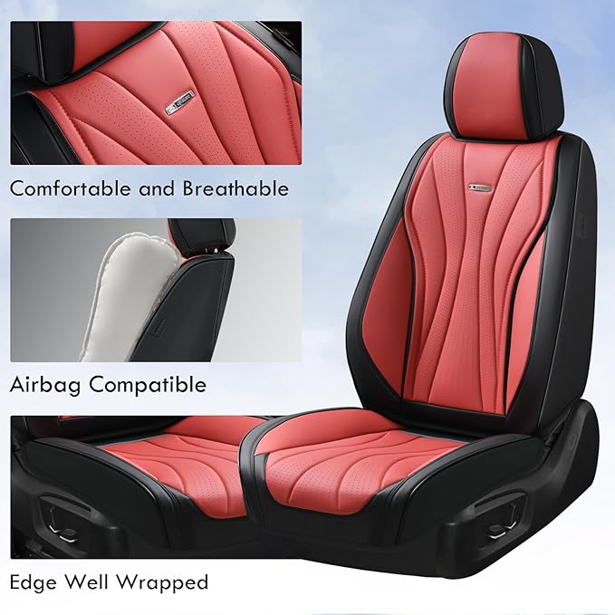 Coverado Car Seat Covers Full Set, Premium Leather Seat Cover for Cars, Front and Back Car Seat Protector, Waterproof Car Seat Cushion Universal Fit for Most Vehicles(Black&Red)