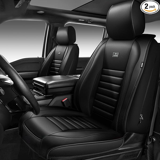 CAR PASS Nappa Leather Car Seat Covers Front Seats, Luxury Seat Protector for Cars, Waterproof Anti-Slip Seat Cushion Airbag Compatible Universal for Sedan SUV Pick-up Truck Automotive Vehicle, Black
