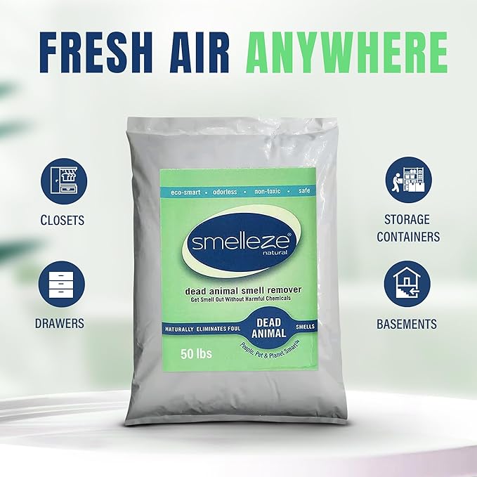 SMELLEZE Dead Animal Odor Eliminator for Strong Odor Removal - Eliminate Dead Rodent & Wildlife Smell - Safe Indoor & Outdoor Use, Natural Odor Remover, Fresh & Effective - Powder, 50 lbs.