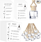 Boao 50 Sets Hanging Car Air Freshener Diffuser Bottles with 2 x 3.54 Inch Car Diffuser Instructions Cards for Empty Essential Oil Bottles(White Card,Cube)