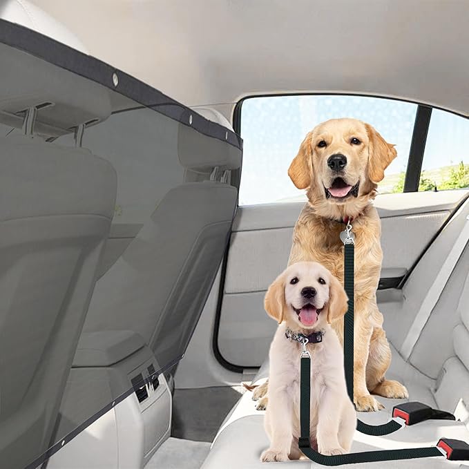 SunGrow  Dog Seat Belts with Barrier, 2 Adjustable 28" Nylon Belts, 24" x 45" Micro Mesh Net Divider for Cars, SUVs, and Trucks, 4 Hooks and Luggage Ropes for Assembly, Black, 1 Set per Pack