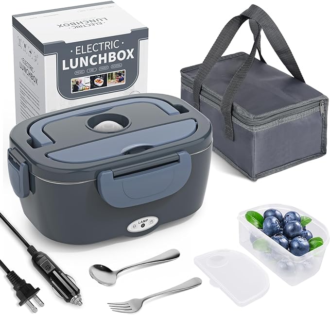 Electric Lunch Box Food Heater, 3 in 1 Ultra Quick Heated Lunch Boxes for Adults, 12V/24V/110V Portable Food Warmer for Car/Truck/Office With Fork Spoon and Insulated Carry Bag