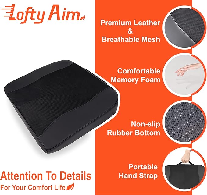 Car Seat Cushion, Comfort Memory Foam Car Cushions for Driving - Sciatica & Lower Back Pain Relief, Driver Seat Pillow for Auto, Office Chair, Wheelchair - Black