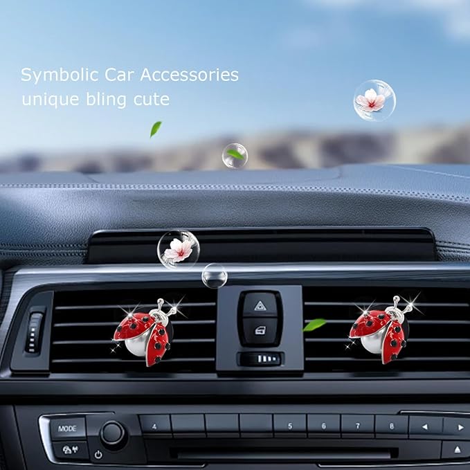 Ladybug Car Accessories,2pcs Lady Bug Air Vent Clips Car Air Fresheners,Refillable Animal Decoration Diffusers,Girly Rhinestone Dashboard Charms for Women Teens