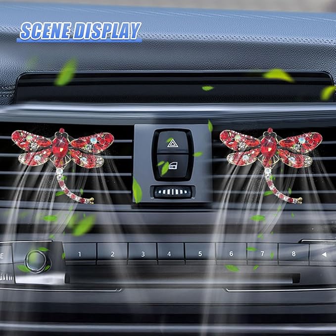 2PCS Bling Dragonfly Car Air Vent Clips, Crystal Rhinestone Car Air Conditioning Outlet Clip, Universal Cute Vehicle Interior Diffuser Decoration Accessories for Women(Red)