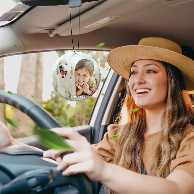 Personalized Photo Car Hanging Decor Accessories, Double-Sided Custom Picture Car Air Freshener Ornament, Car Charms for Rear View Mirror (Round)