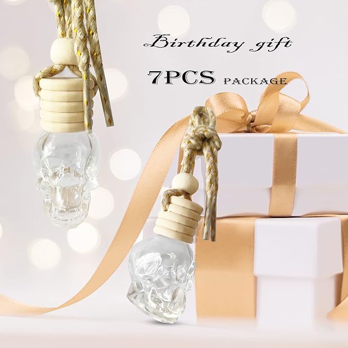 7 PCS MINI 10ml Skull Perfume Bottle for Car Air Freshener Pendant Essential Diffuser Oil Fragrance Aromatherapy Empty Bottle Decor (skull glass bottle)