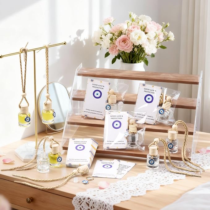 Qinyoung 30 Pack Employee Appreciation Gift Hanging Car Air Freshener Diffuser Bottles Empty Bulk Essential Oil Perfume Car Diffuser Pendant Bottle with Evil Eye Charms Gift for Valentines Galentines