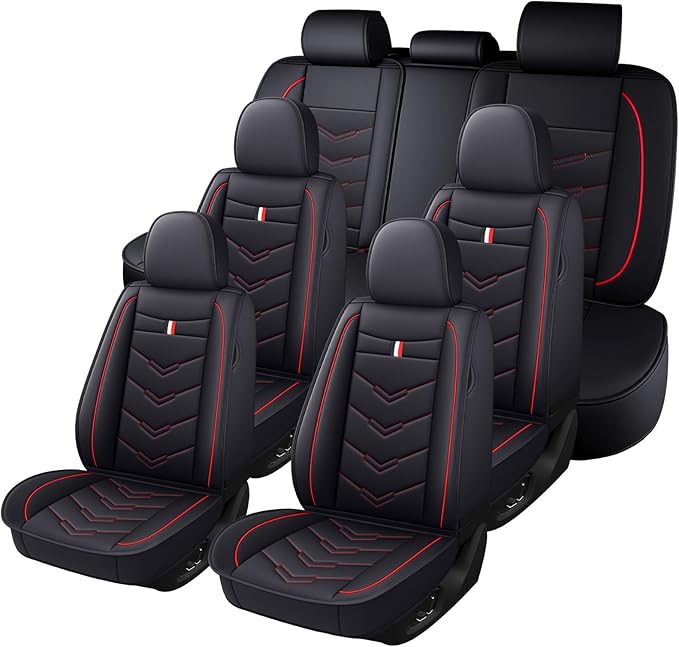 Car Seat Cover 7 Seats for Toyota Highlander 2001-2025, Waterproof Durable Premium Leather Car Seat Protector, Comfortable Anti-Slip Stylish Sport Seat Cover(7 Seats Standard,Black Red)