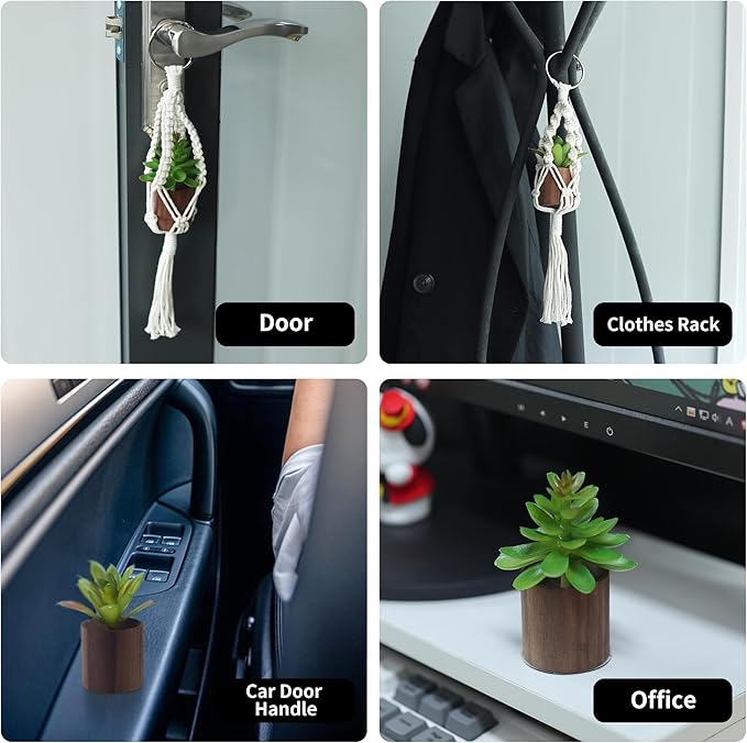 2 Pack Car Air Freshener Mirror Hanging Accessories Mini Macrame Crochet Plant with Wooden Essential Oil Diffusers Cute Boho Plant for Rear View Mirror Home Office Decor