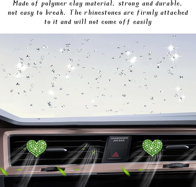 Ziciner 2PCS Bling Heart Car Air Vent Clips Charms, Heart Shaped Crystal Air Freshener Vent Clips, Rhinestone Air Conditioning Outlet Clip, Car Decor Accessories for Women Girls (Green)