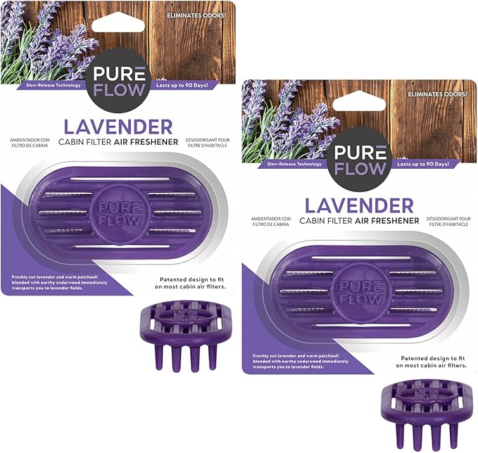 Pureflow Cabin Filter Air Freshener with Odor Eliminator - Fits on Most Car, Truck, and SUV Cabin Air Filters - Lavender (Pack of 2)