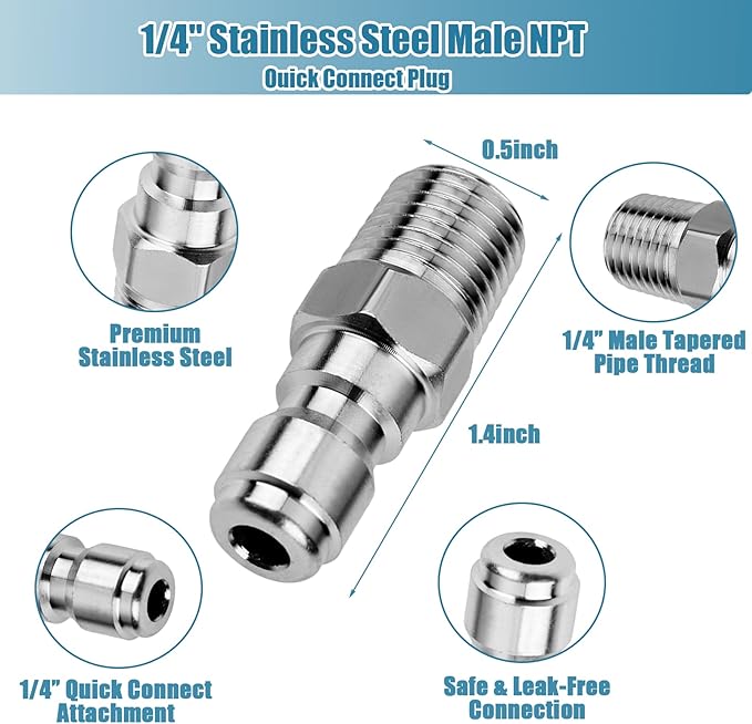 2 Sets NPT 1/4 Inch Pressure Washer Coupler Quick Connect Plug Stainless Steel Male and Female Quick Connect Fittings Pressure Washer Adapter Set (Internal Thread, External Thread)