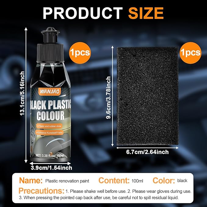 100ML Car Plastic Restorer Black, Black Trim Restorer Automotive with Sponge, Renew Protect Faded Trim Bumpers Dashboards Long Lasting Shine Easy to Apply for Cars RVs Vehicles and Motorcycles