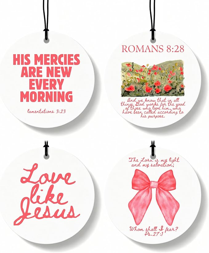 Pink Christian Round Car Air Freshener 4 Pcs, Coquette Pink Bow Bible Verse Religious Hanging Air Freshener for Cars Closet Drawer Books, Christian Girly Car Accessories Mirror Decor for Women