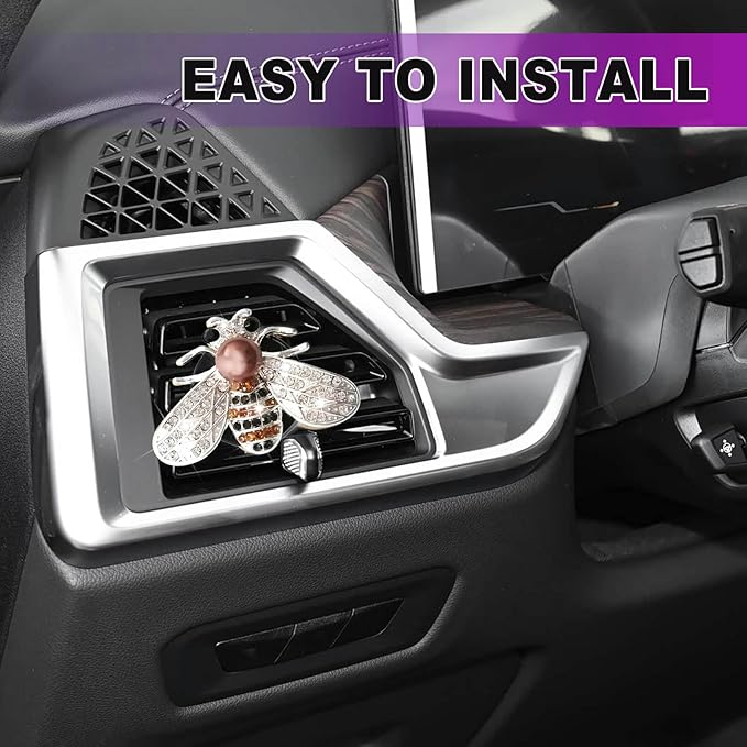 Shiny Bee Air Outlet Clips, Crystal Air Fresheners Vent Clips, Car Diffuser Vent Clip Rhinestone Diamond Interior Decor, Car Decoration, Bling Car Accessories (2 Pcs Silver)