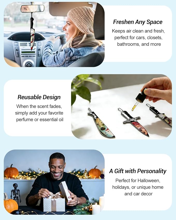 Car Air Freshener Hanging, 6Pcs Horror Knife Halloween Tree Decorations, Horror Movie Gifts, Halloween Air Freshener Car Decor, Scented Rearview Mirror Pendant, Halloween Gifts for Men Women