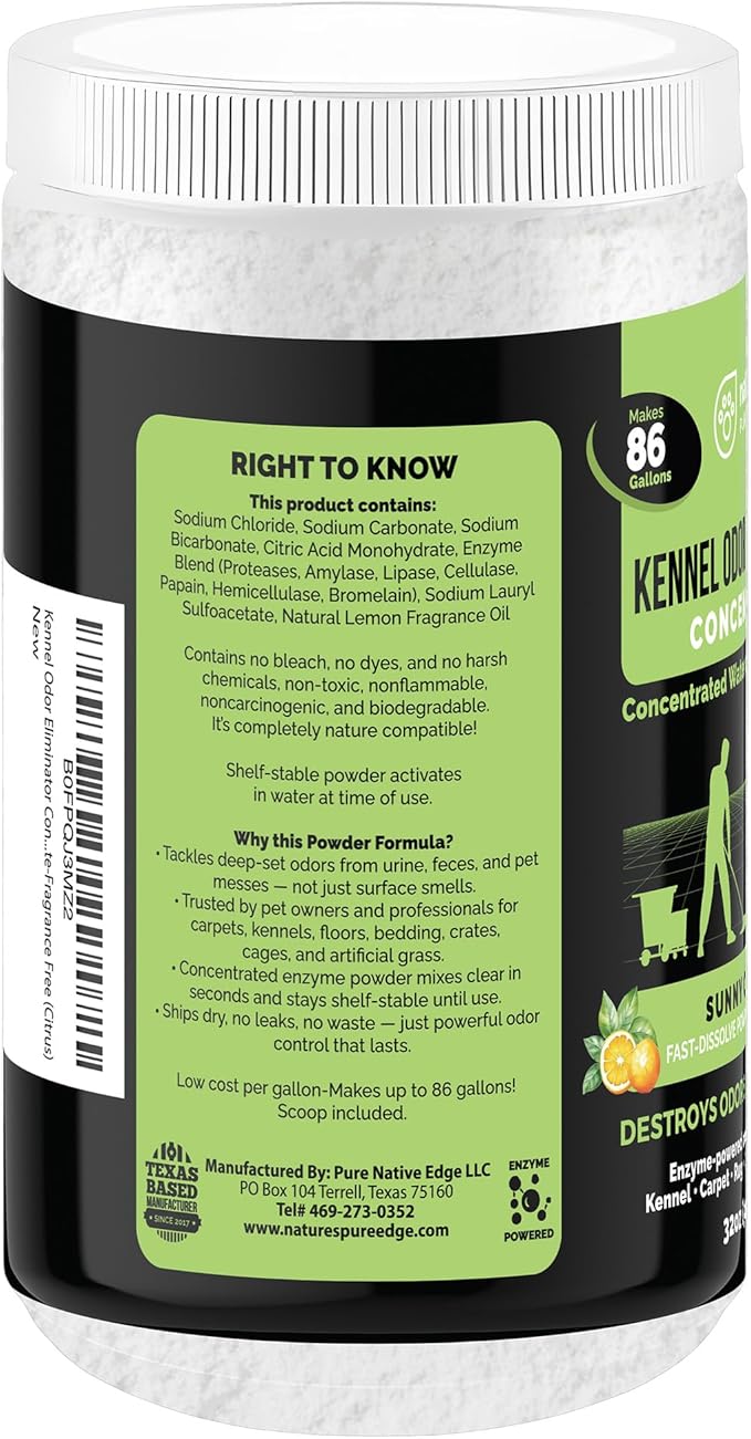 Nature's Pure Edge Enzyme Powder Concentrate Makes 86 Gallons - Professional Use for Kennel and Pet Odor Elimination - Removes Urine Poop from Carpets Floors - Sunny Citrus
