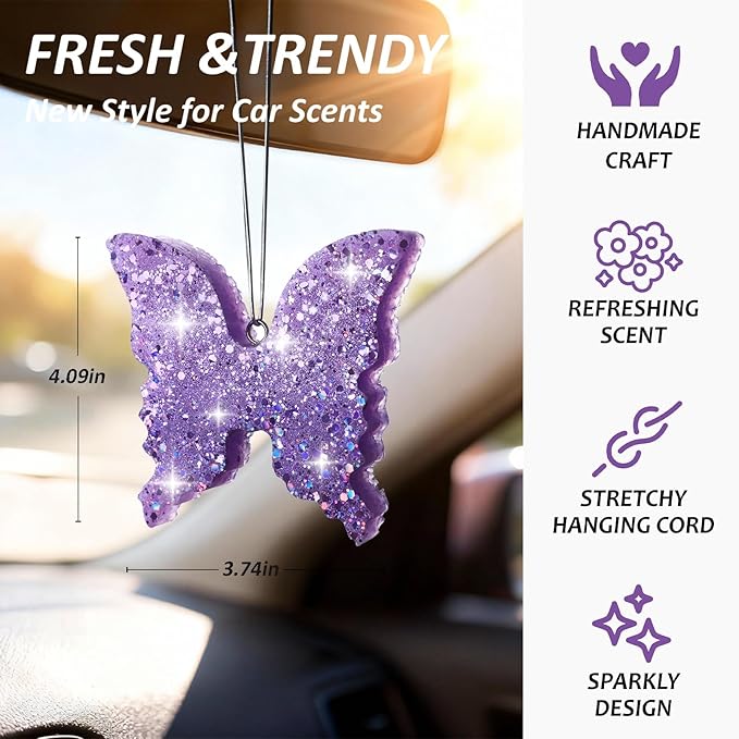 MUBYOK Handmade Car Air Freshener, Cute Christmas Gift Car Accessories for Women Girls, Glitter Hanging Air Freshie for Car Closet Bathroom Decor, Purple Butterfly