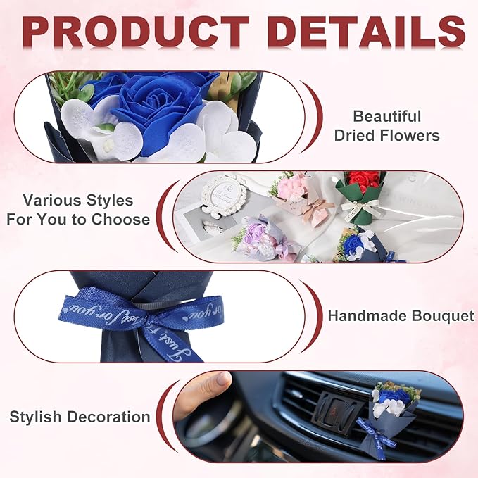 uxcell Dark Blue Small Bouquet Car Air Freshener Vent Clips, Mini Decorative Rose Bouquet with Fragrance Diffuser for Women, Automotive Air Freshener Decoration, Style 1