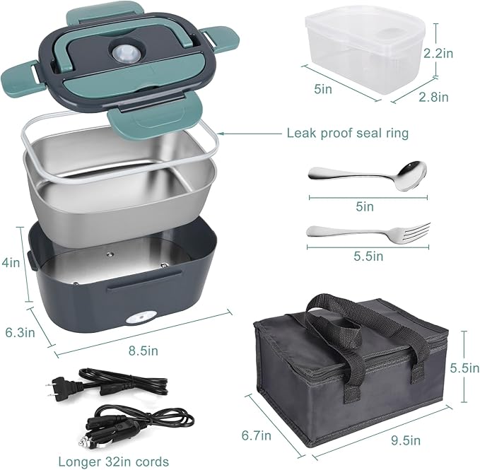 Electric Lunch Box Food Heater, 3 in 1 Ultra Quick Heated Lunch Boxes for Adults, 12V/24V/110V Portable Food Warmer for Car/Truck/Office With Fork Spoon and Insulated Carry Bag