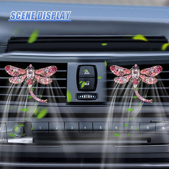 2PCS Bling Dragonfly Car Air Vent Clips, Crystal Rhinestone Car Air Conditioning Outlet Clip, Universal Cute Vehicle Interior Diffuser Decoration Accessories for Women (Pink)