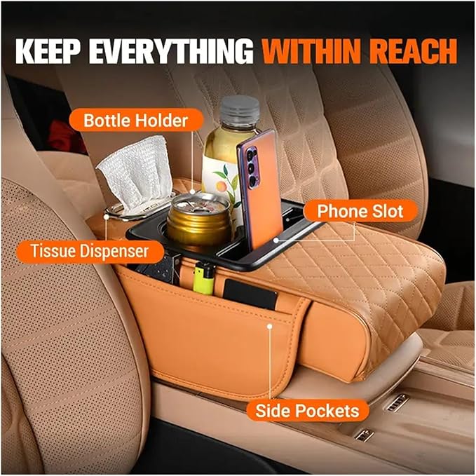 Car Armrest Box Thicken Height Pad Arm Rest Cushion Memory Cotton Elbow Universal Auto Interior Storage Tissue Organizer(Orange)