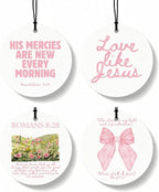 Pink Christian Car Air Freshener 4 Pcs, Coquette Pink Bow Bible Verse Religious Hanging Air Freshener for Cars Closet Drawer Books, Cute Christian Car Accessories Mirror Decor for Women