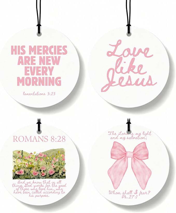 Pink Christian Car Air Freshener 4 Pcs, Coquette Pink Bow Bible Verse Religious Hanging Air Freshener for Cars Closet Drawer Books, Cute Christian Car Accessories Mirror Decor for Women