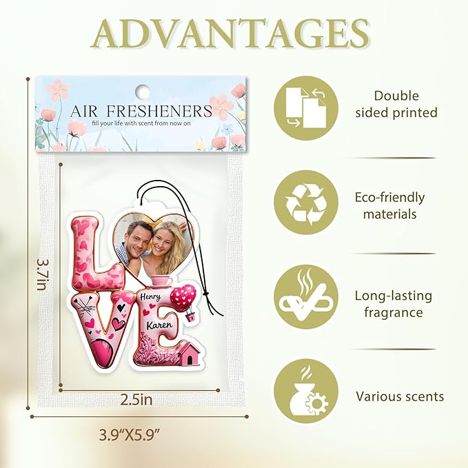 Personalized Valentine's Day Car Air Freshener with Pictures, I Love You, Drive Safe, Fun Couple Gift, Hanging 2Pack