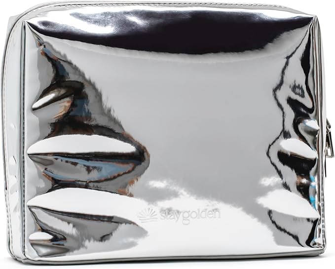Stay Golden Insulated Waterproof Makeup Bag for Women Heat-Resistant Travel Cosmetic & Toiletry Bag | Luxurious Vegan Leather Portable Makeup Organizer (Metallic Silver - Silver Zipper, Medium)