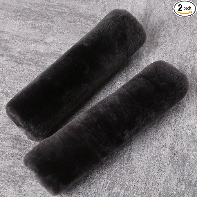 OGLAND 2 Pack Automotive Authentic Sheepskin Car Seat Belt Pads, Soft Shoulder Pad, Neck Cushion Protector, Genuine Natural Merino Wool (Carbon Black)