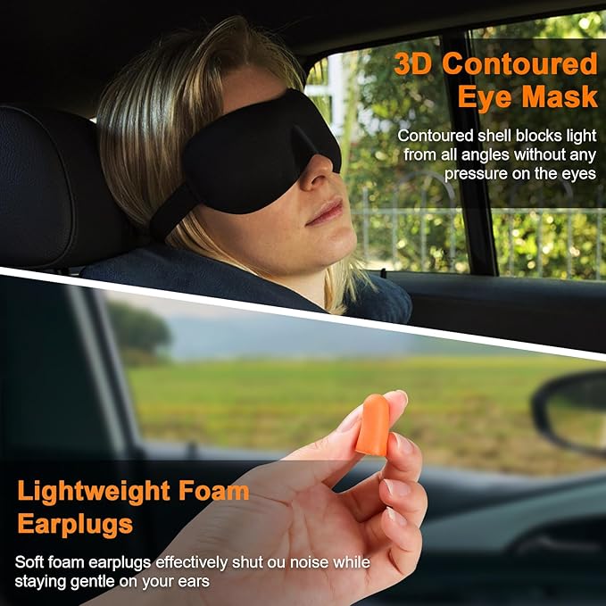 Travel Pillow - Hooded Neck Pillow Airplane Memory Foam Filling for Plane, Cars Sleeping, Road Trip, Long Flights, Portable Plane Accessories, Includes Eye Mask & Earplugs (Red)