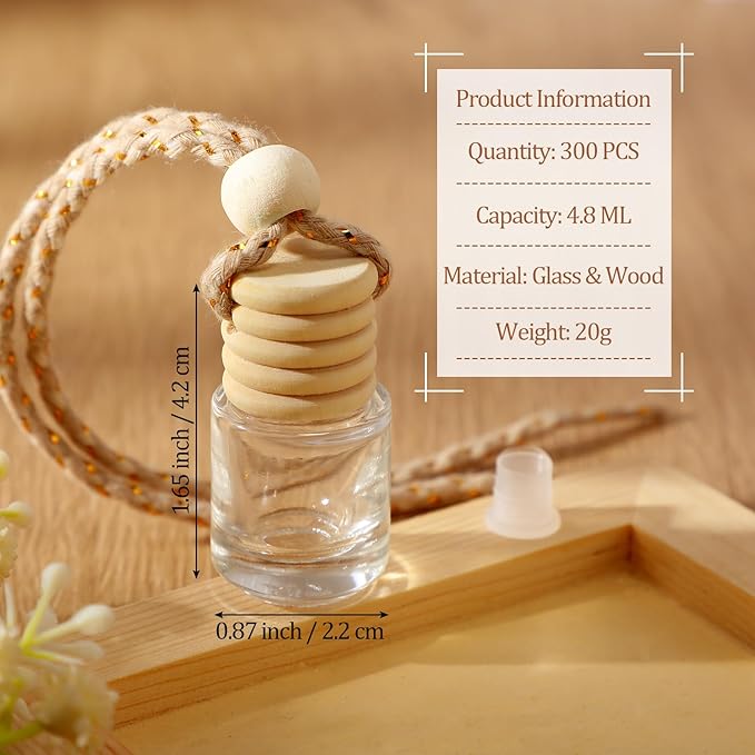300 Pcs Car Diffuser Bottles with Wooden Cap 4.8ml Empty Glass Perfume Bottles Bulk Hanging Clear Car Diffuser Fragrance Holder Air Fresheners for Aromatherapy(Cylinder)