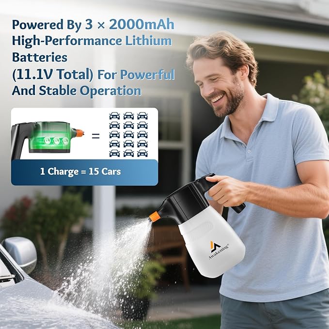 Awakening 2L Electric Foam Sprayer, Waterless Car Wash Kit, 68oz Cordless Rechargeable Battery Foam Blaster, 52PSI Portable Electric Foam Cannon for Auto Car Detailing (White)