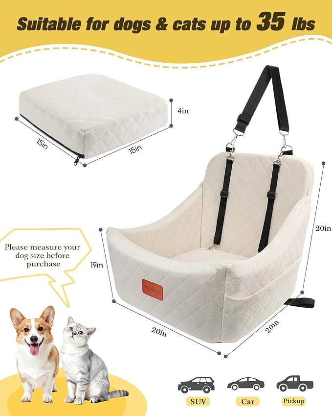 Dog Car Seat for Medium Sized Dog,Pet Travel Car Bed with Seat Belt Channle,Fully Detachable and Washable Car Dog Seat with Adjustable Straps,3 Straps Easy to Install (Beige)