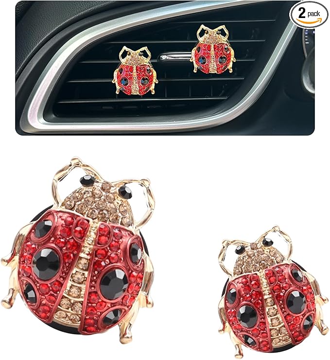 Ladybug Car Accessories,2pcs Red Lady Bug Air Vent Clips Cute Car Air Freshener,Bling Rhinestone Car Decor for Women,Refillable Outlet Diffusers