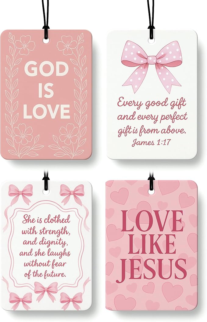 Coquette Pink Bow Christian Car Air Freshener 4 Pcs Coconut Scented, Girly Religious Car Accessories Mirror Decor for Women, Cute Scripture Hanging Air Freshener for Cars Closet Drawer Books
