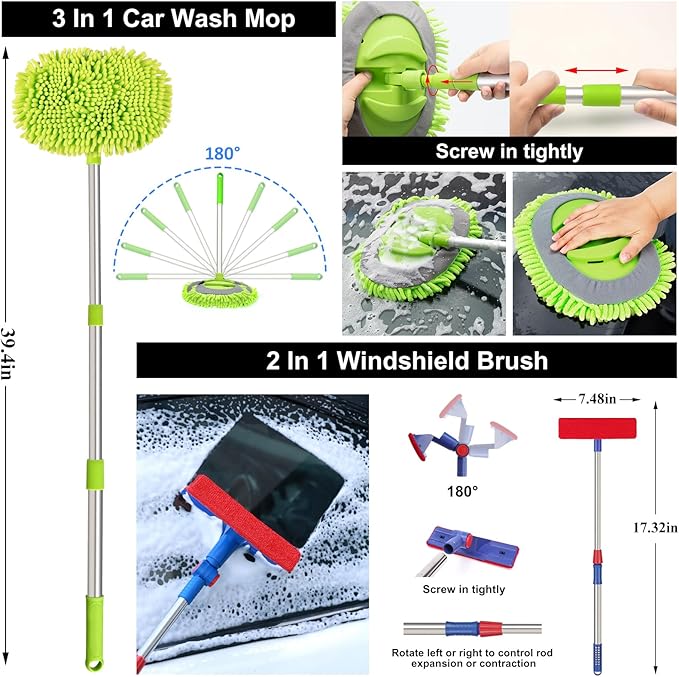 AUTODECO 44Pcs Car Wash Detailing Kit Cleaning Kits with Foam Gun Sprayer Wash Mop with Long Handle Collapsible Bucket Large Wash Mitt Towels Complete Interior Exterior Car Washing Supply Set Black