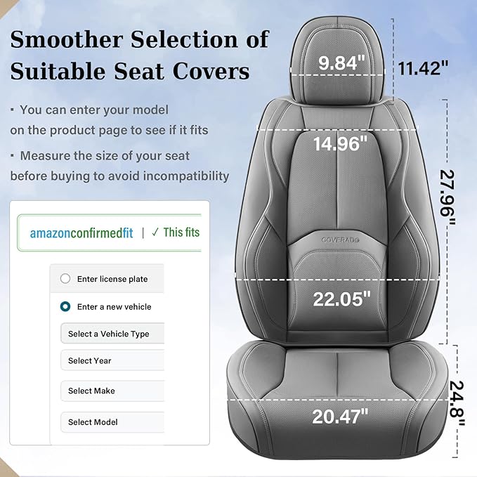 Coverado Seat Covers, Car Seat Covers Front Seats, Premium Nappa Leather Seat Covers for Cars, Waterproof Car Seat Protector with Lumbar Support, Front Seat Covers Universal Fit for Most Cars (Gray)