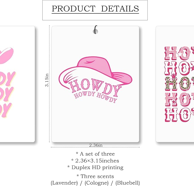 Mancheng-zi Pink Western Cowgirl Car Air Freshener 3Pcs, Preppy Pink Western Howdy Air Freshener Hanging for Cars Closet Drawer or Books, Cute Girly Car Accessories Mirror Decor for Women