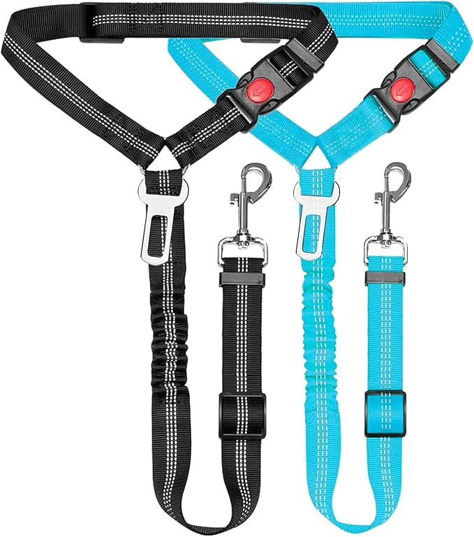 Removable Dog Seat Belt Harness for Car, 3 in 1 Pet Car Seatbelt Leash, Retractable Restraint Secures to Vehicle Headrest & Adjustable Reflective Dog Seatbelt Tether (Light Blue&Black, 2pcs)