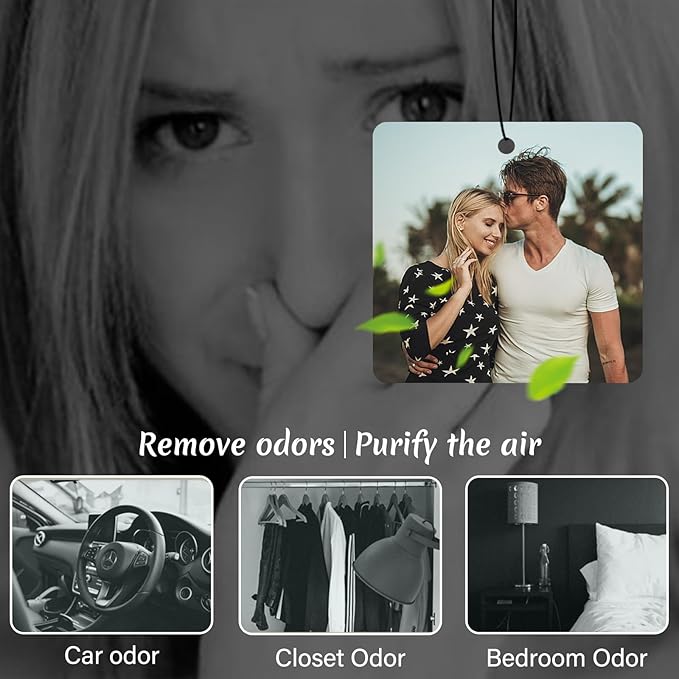 Custom Air fresheners with Picture - Personalized Photo Air Freshener for Car,Personalized Double Side Photo Text for Car Bathroom, Wardrobe Gifts for Boyfriend Men Women (Square, personalized)
