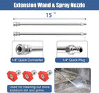 janz 14" Pressure Washer Surface Cleaner with 4 Wheels, Stainless Steel Housing, 1/4" Quick Plug, 2 Extension Wands, 2 Replacement Nozzles and 3 Spray Nozzles, 4000 PSI