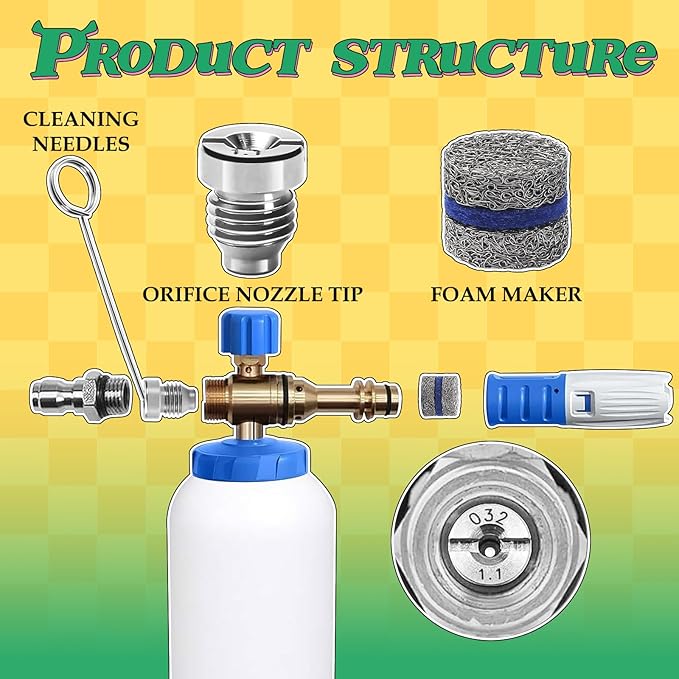 1.1 mm Orifice Foam Cannon Nozzle and Foam Maker Meshes Kit for Foam Cannon Replacement Thread Nozzle Tips and Mesh Filter, with Cleaning Tools, 3000PSI 2-Pack