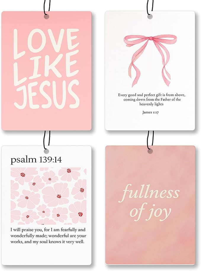 Trendy Pink Christian Bible Car Air Freshener 4 Pcs - Girly Coquette Bow Love Like Jesua Air Freshener Hanging Decor for Cars Closet Drawer Books, Girly Car Accessories Mirror Decor for Women